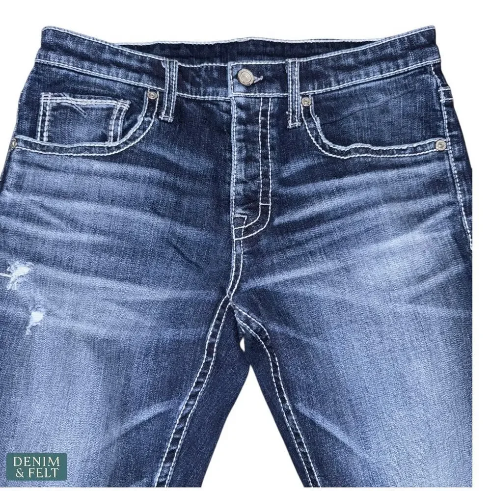 BKE Men’s Distressed Bootcut Jeans Button Fly Dark Wash Denim 33x28 NEW